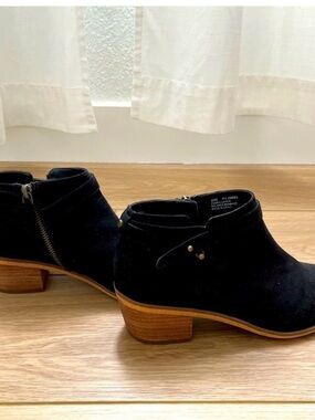 Melrose and Market Black Suede Ankle Booties with Wood-Tone Stacked Heel